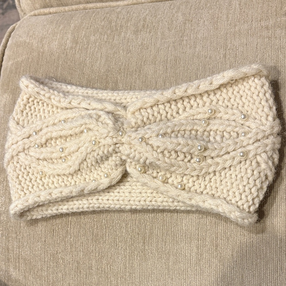 Anthropologie Cream Pearl Knit Winter Headband Ear Cover